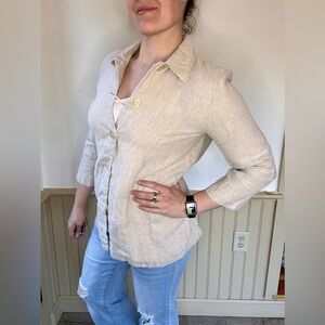 Harvé Benard Vintage 100% Linen Lightweight Button Blazer Beige Women’s Sz S